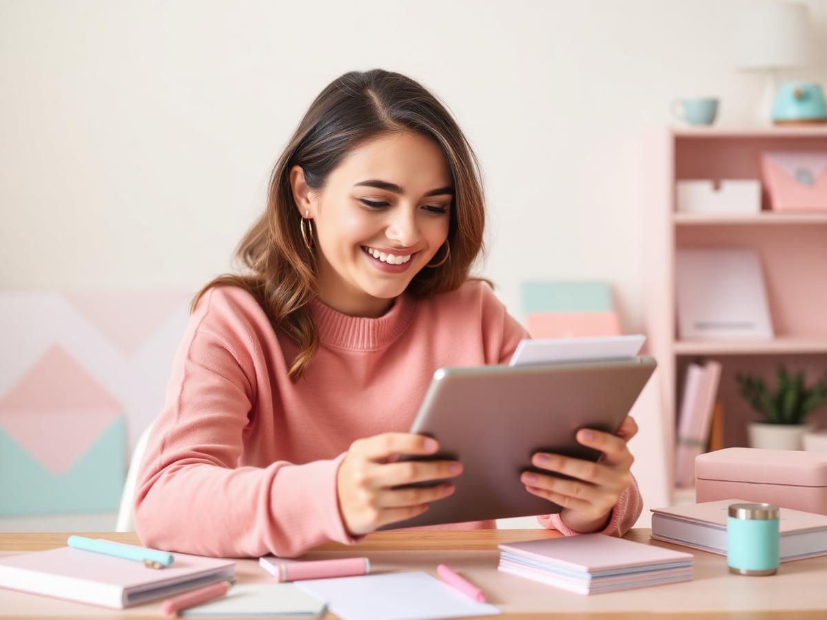 Creadora feliz revisando sus diseños