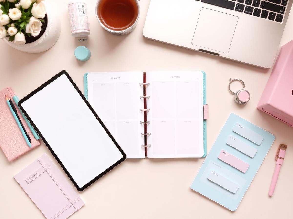 Espacio de trabajo organizado con papelería pastel